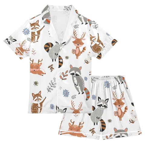 ALAZA Cute Raccoon Flower Deer Pajamas Satin Pajama Set Short Sleeve Button Down Sleepwear