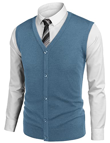 Sweater deep blue tricoté homme pull sans manche col v boutonné taille S