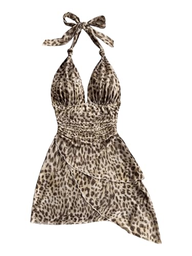 Image of SOLY HUX Women's Y2K Summer Beach Halter Mini Dress | Retro Floral Dress, V Neck, Backless, Club Nightout, Sexy Going Out Clothes, Birthday Dress