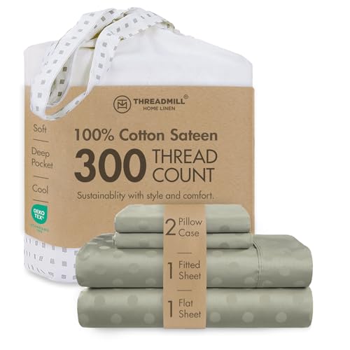 Image of Threadmill 300TC Cotton Full Sheet Set, Sateen, Jacquard, Sage Green | 100% Cotton, Sateen Weave, Jacquard Pattern, 4-Piece Set, 16 inch Deep Pocket, Cooling, OEKO-TEX Certified, Machine Washable