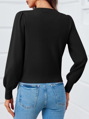 Image of Saodimallsu Womens Puff Long Sleeve Sweaters V Neck Cropped Bow Button Front Cozy Knit Cardigan Sweater Tops Black, Large