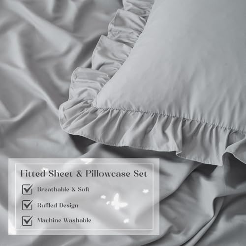 Image of Homiest 3-Pieces Ruffle Pillow Case & Fitted Sheet Set, Grey Queen Sheets with 2 Ruffled Pillow Shams, 15 Inch Deep Pocket, Cute & Coquette Microfiber Bed Set for Decorating Bedroom Hotel