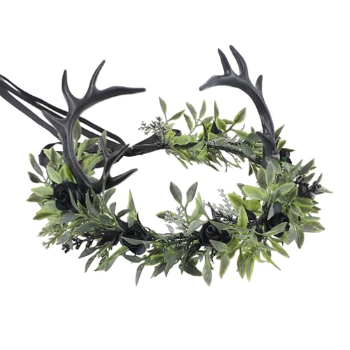 KorViSHOW Black Green Antler Crown Fairy Dark Gothic Deer Horns Flower Headband Renaissance Elf Forest Reindeer Floral Headpiece for Women Renfaire Outfit Hallween Cosplay Goth Wedding Accessories