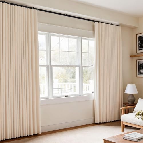 Image of Room Divider Blackout Curtains Flexible Sliding Tracks Sets Ceiling Mounted Rod Window Curtain Privacy Separation for Bedroom Living Rooms,1 Panel Beige Drape and Black Track Set-W180xH108 in