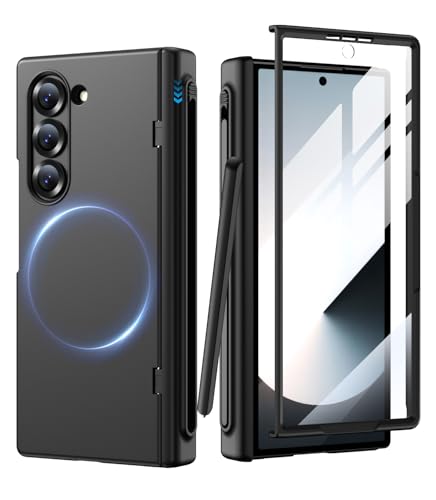 MAKAVO for Samsung Galaxy Z Fold 6 Case with S Pen Holder, Front Screen Protector, Hinge Protection, Compatible with MagSafe, Fold6 Slim Full Body Protection Magnetic Phone Cover, Black