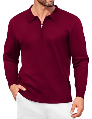COOFANDY Mens Knit Polo Shirt Quarter Zip Slim Fit Pullover Long Sleeve Sweater Polo