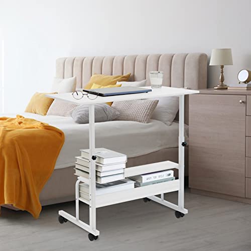 Laszola Mobile Laptop Desk Cart Adjustable Sofa Side Bed Table With Storage Shelf, 33.1 Inches Overbed Tray Table With Lockable Wheels Computer Writing Desk Stand For Bedroom (Ivory White) #TOP3