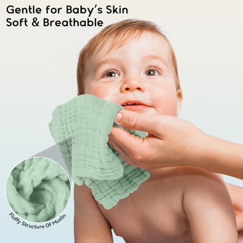 Image of Unnivoll Muslin Burp Cloths Baby 12''X12'', Baby Washcloths 6 Pack, 100% Cotton Baby Wash Cloths Absorbent and Soft for Newborn Infants Kids Boys Girls - Gradient Green