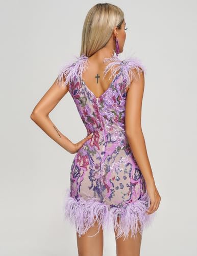 BELLA BARNETT Purple Feather Dress Floral Sequin Dress for Women Embroidery Birthday Dress Glitter Cocktail Dress4