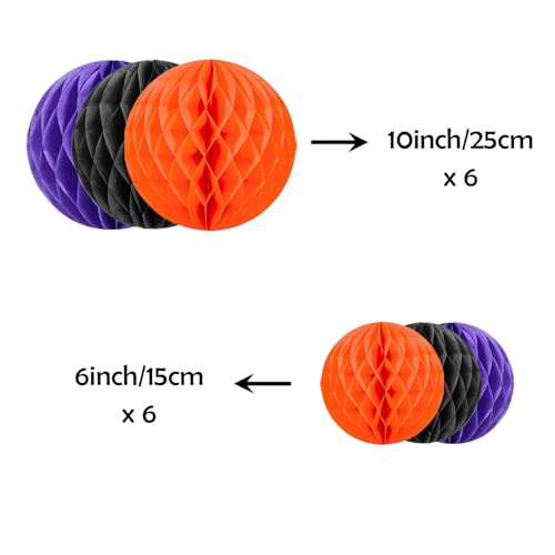Image of ZOOYOO 12Pcs 6 inch 10 inch Honeycomb Balls Decorations Hanging Tissue Paper Pom Poms for Halloween Graduations Birthday Wedding Fall Party Decorations(Orange Purple Black)