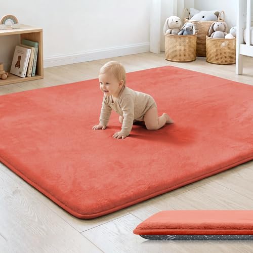 Image of 1.3 inch Thick Baby Floor Play Mat 50x50, Basic Padded Foam Mat for Tummy Time Crawling, Non Slip Cushioned for Babies Toddlers Infants Kids (Coral)