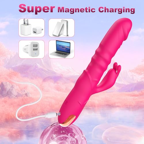 Image of Thrusting Rabbit Vibrator Sex Toys for Women, G Spot Clitoral Vibrator Dildos Waterproof & Rechargeable Realistic Silicone Vibrator with 3 Thrusting & 10 Vibrating Modes, Rose Adult Toy