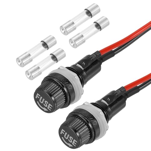 sourcing map 2 Pcs Panel Mount Fuse Holder, 10/15A AC 125/250V 5 x 20mm Fuse Spade Terminal Screw Cap Fuse Holders with Pre-Soldered Wires and 6A Glass Tube Fuses