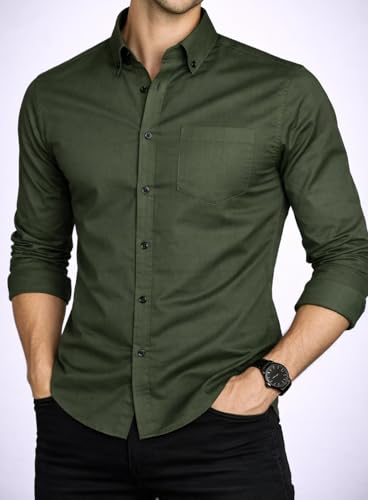 Image of Men's Slim Fit Long Sleeve Button-Down Shirt, Casual Formal Style with Chest Pocket