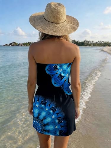 Image of Summer Dress for Women Strapless Beach Cover Ups Boho Sundress Mini Dress Drawstring Waist with Pockets