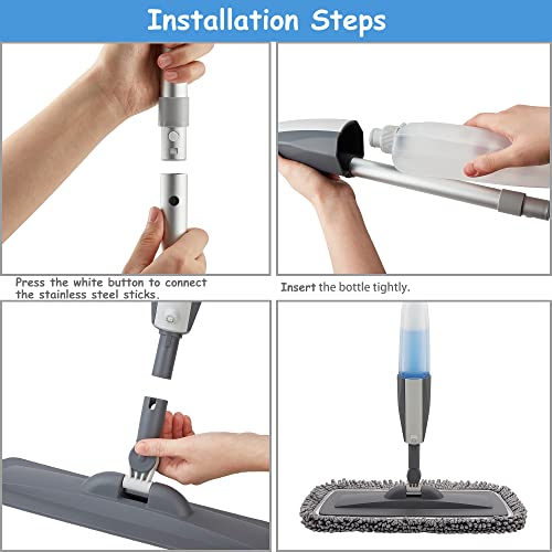 Image of Bellababy Spray Mop with 3 Reusable Microfiber Pads and 450ML Bottle - 360 Degree Spin Suitable for Hardwood, Marble, Tile (Grey)