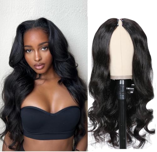 Zealady V Part Wig Human Hair Wigs for Women Body Wave V Part Wig 12A Virgin Hair No Lace Upgrade U Part Human Hair Wigs Full Head Clip in Half Wig V Shape Wigs (20 inch)
