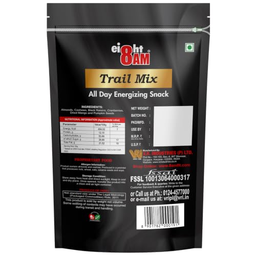 Image of 8AM Trail Mix Dry Fruits & Nuts, 200gm, Made with Nutritious Ingredient Cranberries, Cashew, Almonds, Black Raisin, Dried mango, Pumpkin Seeds, Healthy and Tasty Snack, Rich Source of Zinc, Potassium and Iron