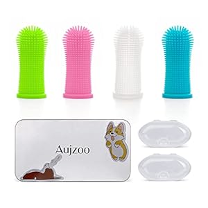Aujzoo Dog Toothbrush, 360º Pets Teeth Cleaning Toothbrush for Dogs Cats Dental Care, Silicone Finger Toothbrushes Set of 4