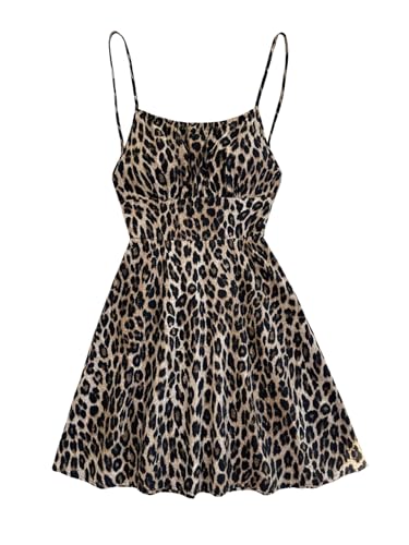 Image of Verdusa Women's Cheetah Print Dress Y2K Leopard Fitted Mini Dresses Spaghetti Strap Mesh Dress