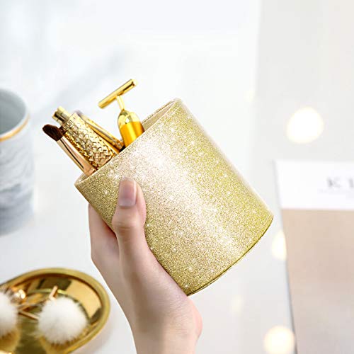 Image of Gold Pencil Holder, Decorative Pens Holder for Desk, Makeup Brushes Organizer for Table, Large Pu Leather Multi-Functional Organizer Cup for Office, Classroom, Home, Champagne Gold