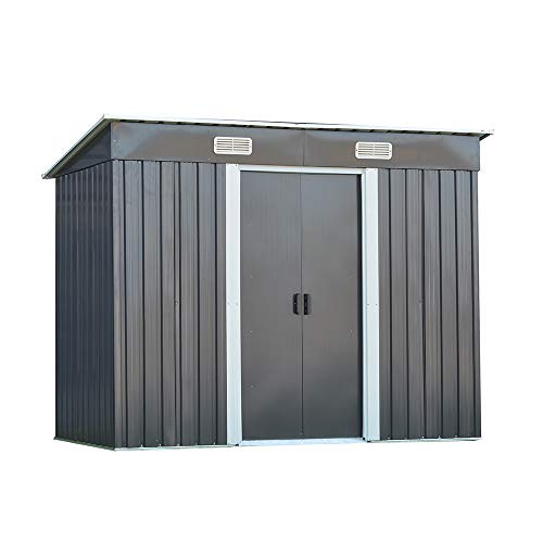 Garden Sheds Tool Storage House Metal Garden Apex Roof Storage Shed Door On 8FT Side (Grey, 8x4)