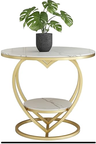 Image of Modern Round Side Table with Marble Finish Top & Metal Frame | Stylish Sofa Side Table with Bottom Shelf for Living Room, Bedroom & Office Decor (White Gold)