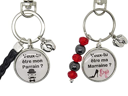 Lot de 2 Porte Clés Personnalisable lors d’une Naissance Baptême Veux tu Etre mon Parrain Veux tu Etre ma Marraine