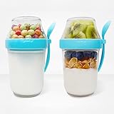Felli On the Go Yogurt Parfait Snack Cup 12 oz Drop & Leak Proof Compartment + Spoon for Crunch Cereal Fruit To Go, Overnight Oats Container with Lid Airtight Clear Salad Jar Reusable Clear (2, Blue)