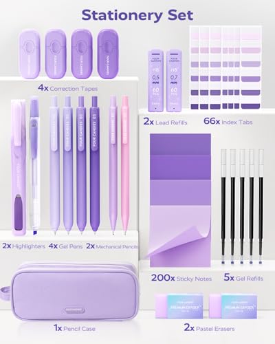 Image of Four Candies Aesthetic School Supplies, Gel Pens with Black Correction Tapes, Pastel Highlighters, Mechanical Pencils, Sticky Notes, Bible Study Supplies, Stationery with Case, Purple