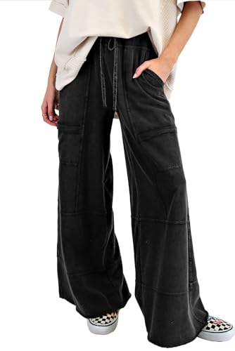 Women's Wide Leg Cargo Pants Drawstring High Waist Y2K Baggy Trousers with Pockets