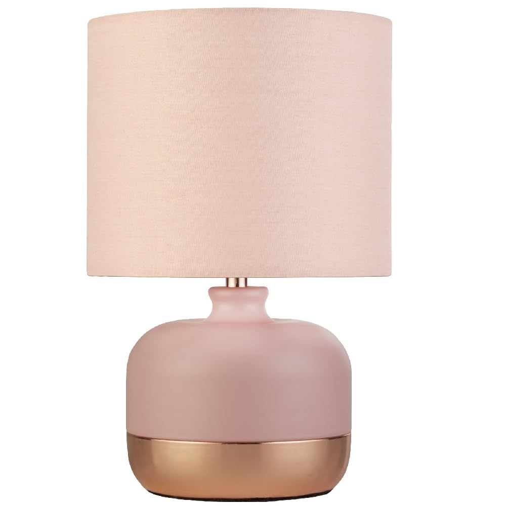Britalia Blush Pink Ceramic & Copper Band Base Vintage Table Lamp with Cotton Shade 27cm