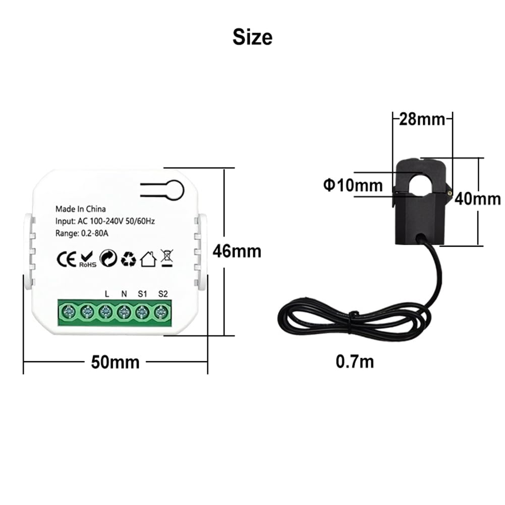 medidor de energía Tuya ZigBee 2 vías bidireccional con pinza sensor de corriente App Monitor potencia 100-240VAC, 1 canal 1CT fácil de usar
