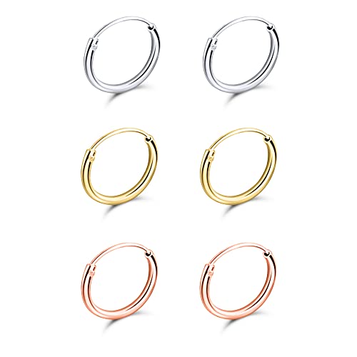 Cartilage Hoop Earrings for Women Sterling Silver Tri Color Tiny Endless Thin Round Hoops for Men Unisex Trendy Fashion Summer Set of 3 Pairs