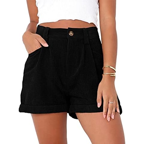 Danedvi Womens Summer Shorts Mid-Waist Cuffed Hem Corduroy Shorts with Pockets, Black, S Cover