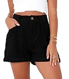 Danedvi Womens Summer Shorts Mid-Waist Cuffed Hem Corduroy Shorts with Pockets Black