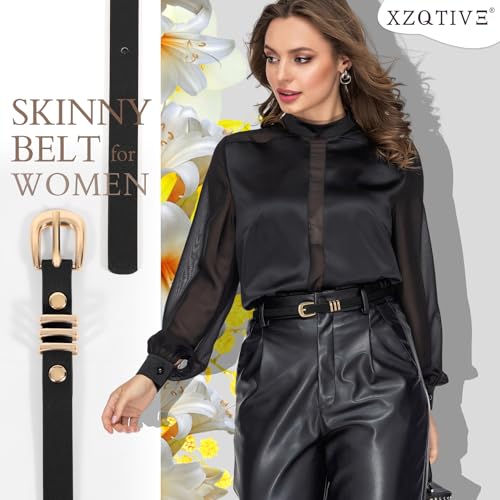 XZQTIVE 2 Pack Skinny Belt for Women PU Leather Belt for Dress Pants Ladies Thin Waist Belt with Gold Silver Buckle3