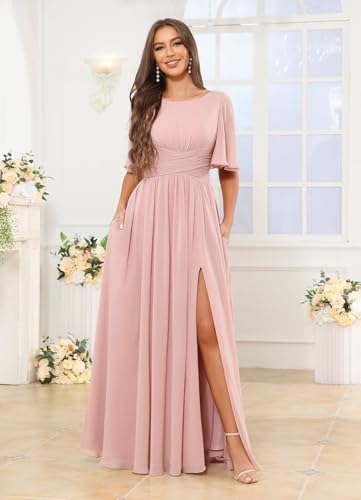Bridesmaid Dresses with Pockets Slit Chiffon Long Ruffles A Line Scoop Neck Formal Wedding Guest Dress2
