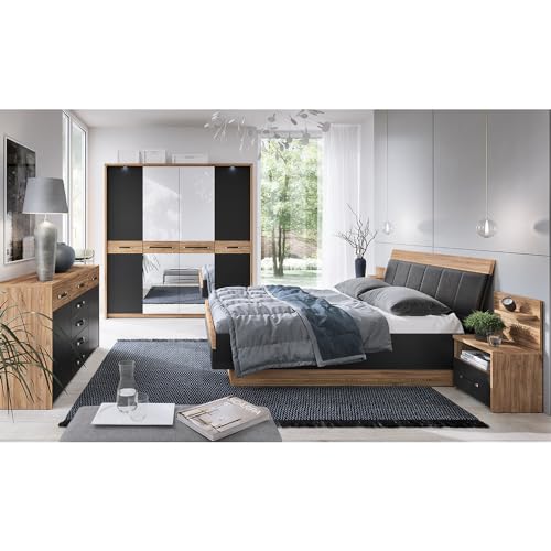 Lomadox Schlafzimmer Set 5-teilig mit Bett 160x200 in Eiche mit schwarz matt