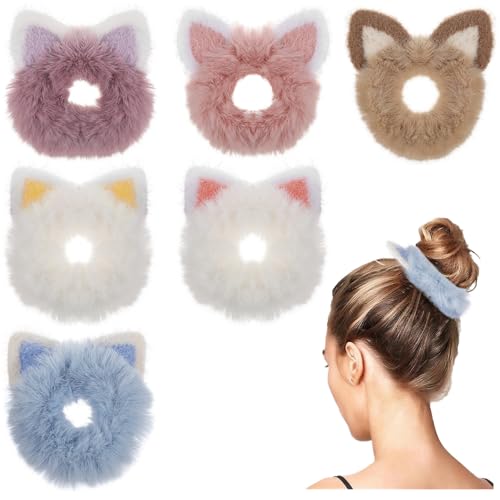 IMIKEYA Gomas Pelo Orejas de Gato de Felpa, Surtido de 6 Colores Variados, Banda Elástica para Cabello Rizado y Liso, Adecuado para Niñas y Mujeres en Moños y Muñeca