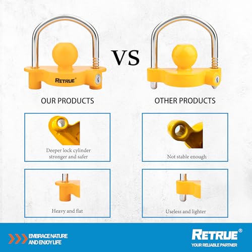 RETRUE Universal Coupler Lock Trailer Locks Ball Hitch Trailer Hitch Lock Adjustable Security Heavy-Duty Steel Fits 1-7/8 Inch, 2 Inch, 2-5/16 Inch Couplers Yellow