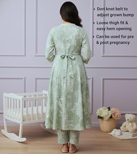 Image of DUMMY SHAPE Maternity Dresses for Women Cotton | Floral Kurta Pant Dupatta Set with Nursing Zippers, Side Pocket | Pre & Post Pregnancy | Feeding Kurti Suit | Baby Shower | Gifts for Pregnant Woman