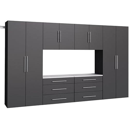 Prepac HangUps 120'' 4-Piece Wall Mounted Garage Cabinets, Wood Laundry Cabinet with Metal Rail, Space-saving Kitchen Pantry Cupboard for Garage, Kitchen and Laundry Room, Set I, Black