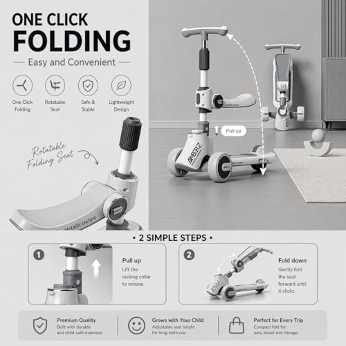 Image of Multi-Functional 2 in 1 Kids Kick Scooter with Foldable Seat | Adjustable Handlebar | PU LED Flashing 3 Wheels | for Boys & Girls Age 3-14 Years. (KS-110 Grey)