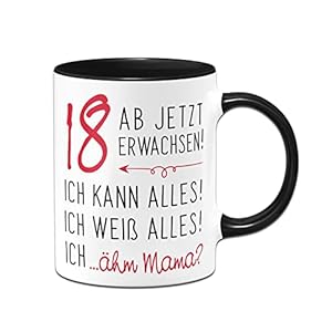Tassenbrennerei Tasse mit Spruch 18 ab jetzt erwachsen – Kaffeetasse als lustiges Geschenk zum 18. Geburtstag für Sohn…