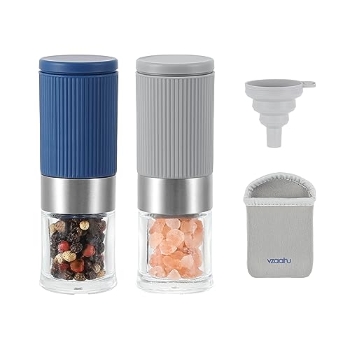 Vzaahu Mini Salt and Pepper Grinders 2 Set including Ceramic Core Cinnamon,Adjustable Coarseness,Color Grey and Blue,Portable,Refillable Spice Mills - Image 3