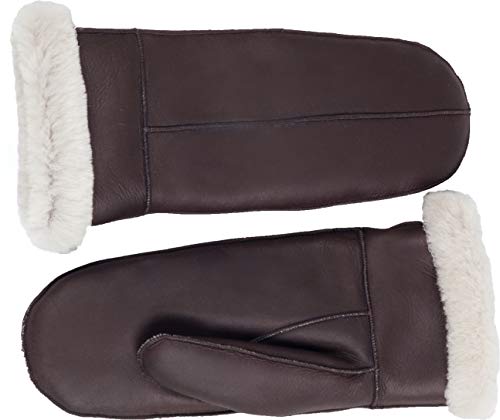 Zavelio Women's Premium Shearling Sheepskin Leather Fur Mittens Brown Beige Small