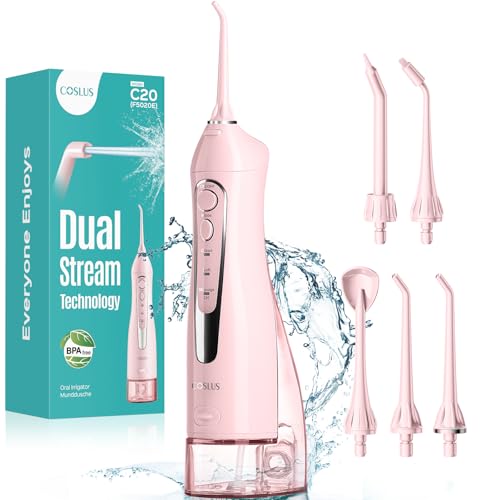 COSLUS Water Dental Flosser Teeth Pick C20: Portable Cordless Oral Irrigator 300ML Rechargeable Travel Irrigation Cleaner IPX7 Waterproof Electric Flossing Machine for Teeth Cleaning, Pink