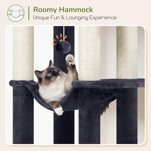 Image of Globlazer Tall Cat Tree Tower for Large Adult Cats, Multi-Level Large 65 Inch Cat Scratching Tower with Hammock, 6 Scratching Posts, Basket and 2 Perches for Indoor Multiple Cats, F65D, Dark Grey