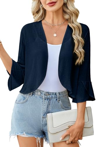 Image of Yekaty Shrugs for Women 3 /4 Sleeve Cropped Cardigan Lightweight Summer Sheer Bolero Shrug for Dresses